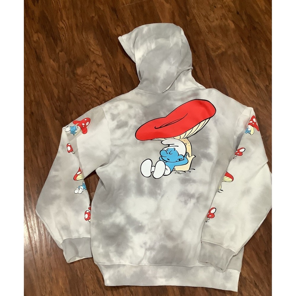 The Smurfs Hoodie Sweatshirt Sleepy Smurf Mushroom Pullover Small Gray tie dye
